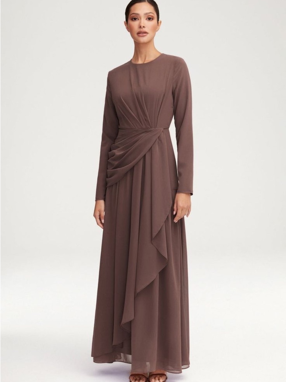 Brown Long-Sleeve Draped Maxi Dress